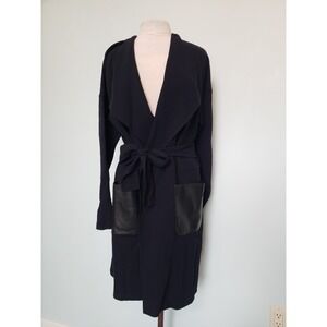 Apostrophe Womens 42 L 100% Wool Coat Belted Lambskin Leather Pockets Dark Navy